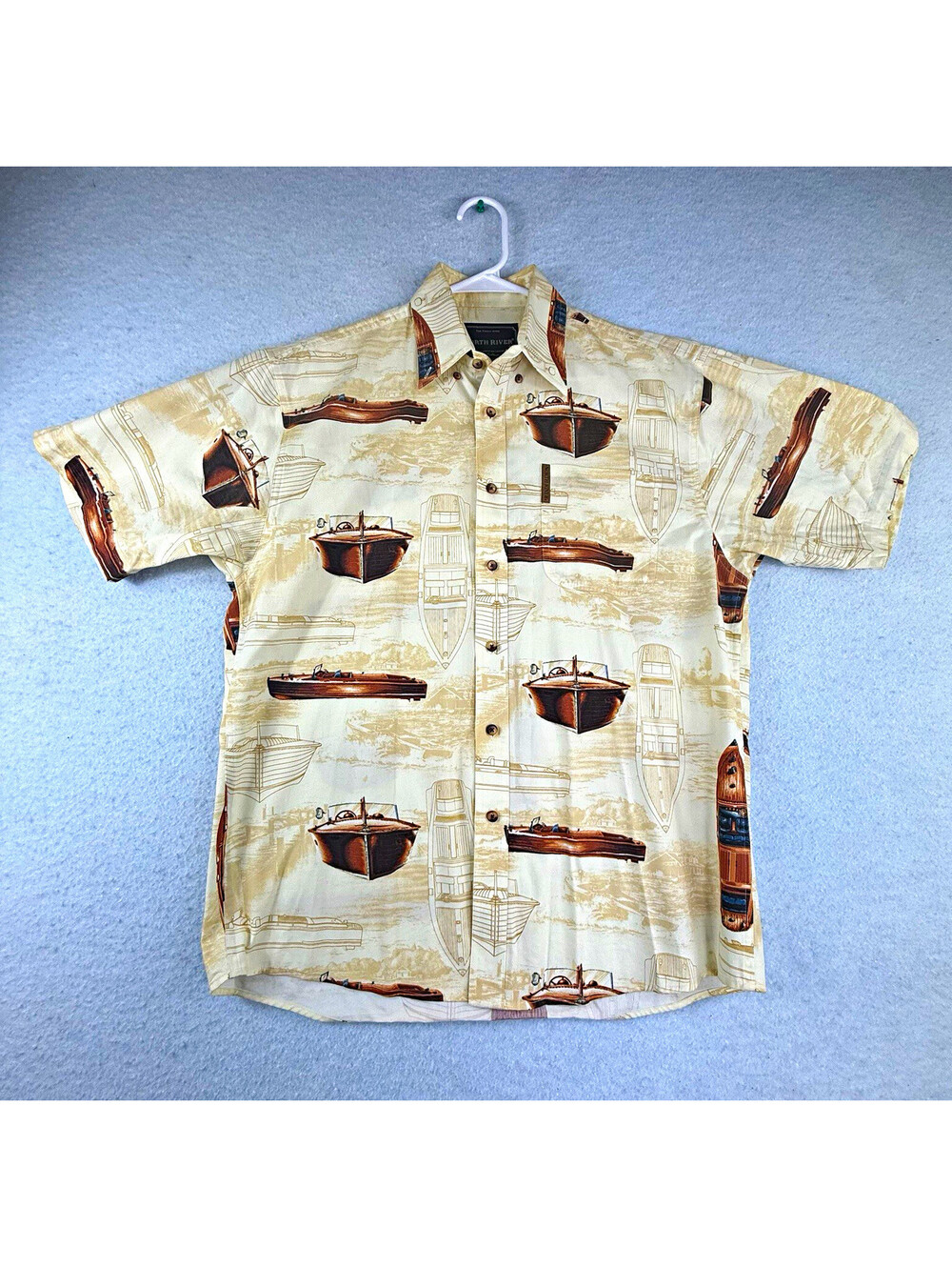 North River Men's M Beige/Brown Boat Print Cotton Short Sleeve Button-Up Shirt